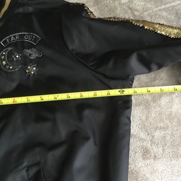 Torrid Satin Embroidered Sequin Patches Glitter Black Bomber Jacket Sz 1 Medium - Picture 9 of 9